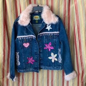 Canela’s Blue Jean Jacket, faux fur collar and cuffs, embellished design Size M